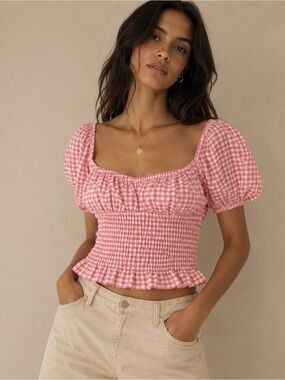 BCBGeneration Pink Gingham Smocked Crop Top Puff Sleeve Blouse Size M